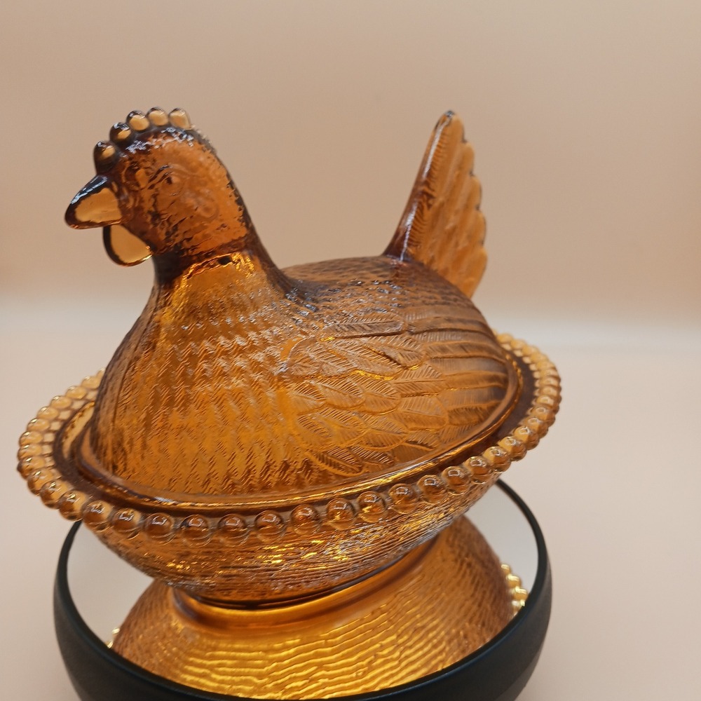 Indiana Glass Amber Hen On Nest Beaded Candy Dish Vtg Glassware *chip on lid